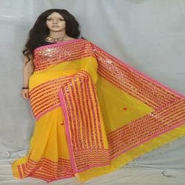 Yellow Party Wear Mirorwork Embroidery Sarees